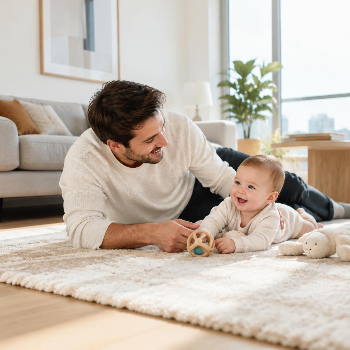 Pai e bebê em apartamento